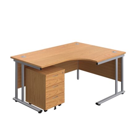 Twin Upright Right Hand Radial Desk + Mobile 3 Drawer Pedestal | 1600X1200 | Nova Oak/Silver