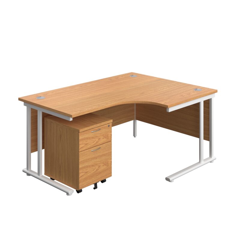 Twin Upright Right Hand Radial Desk + Mobile 2 Drawer Pedestal | 1600X1200 | Nova Oak/White