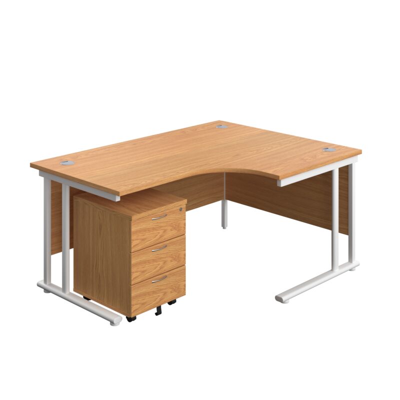 Twin Upright Right Hand Radial Desk + Mobile 3 Drawer Pedestal | 1600X1200 | Nova Oak/White