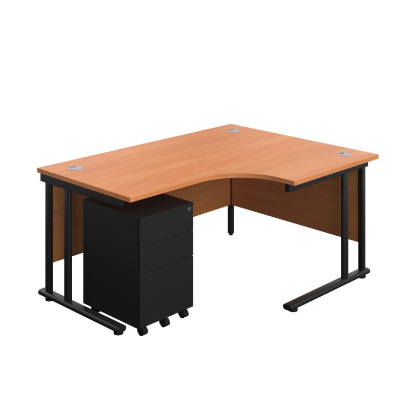 Twin Upright Right Hand Radial Desk + Under Desk Steel Pedestal 3 Drawers | 1600X1200 | Beech/Black