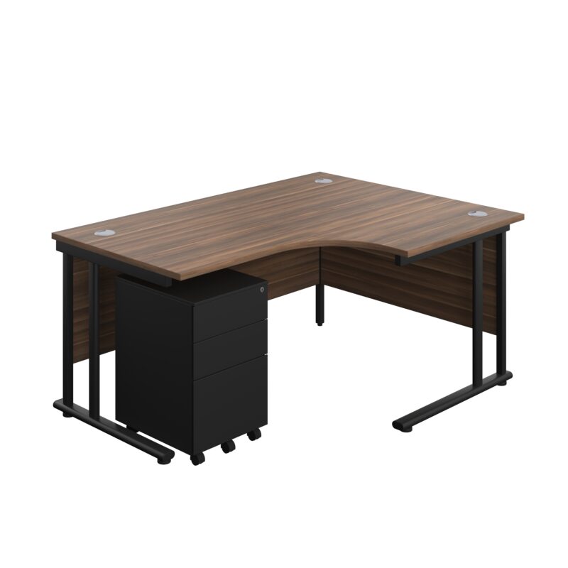 Twin Upright Right Hand Radial Desk + Under Desk Steel Pedestal 3 Drawers | 1600X1200 | Dark Walnut/Black