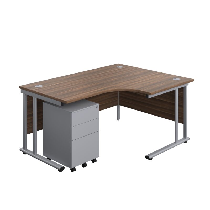 Twin Upright Right Hand Radial Desk + Under Desk Steel Pedestal 3 Drawers | 1600X1200 | Dark Walnut/Silver