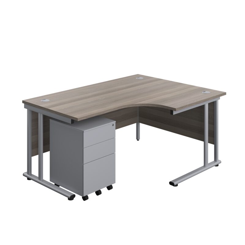 Twin Upright Right Hand Radial Desk + Under Desk Steel Pedestal 3 Drawers | 1600X1200 | Grey Oak/Silver