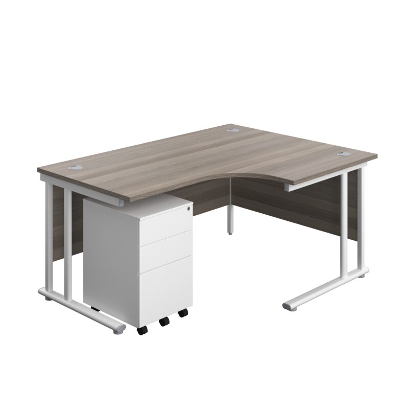 Twin Upright Right Hand Radial Desk + Under Desk Steel Pedestal 3 Drawers | 1600X1200 | Grey Oak/White