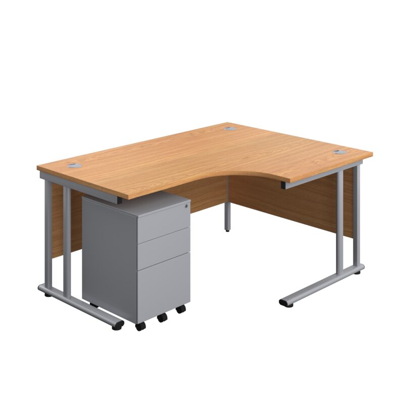 Twin Upright Right Hand Radial Desk + Under Desk Steel Pedestal 3 Drawers | 1600X1200 | Nova Oak/Silver