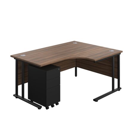 Twin Upright Right Hand Radial Desk + Slimline Steel Pedestal 3 Drawers | 1600X1200 | Dark Walnut/Black