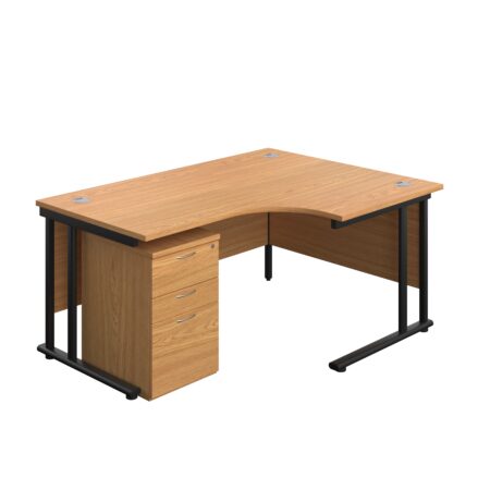 Twin Upright Right Hand Radial Desk + High Mobile Pedestal 3 Drawer | 1600X1200 | Nova Oak/Black