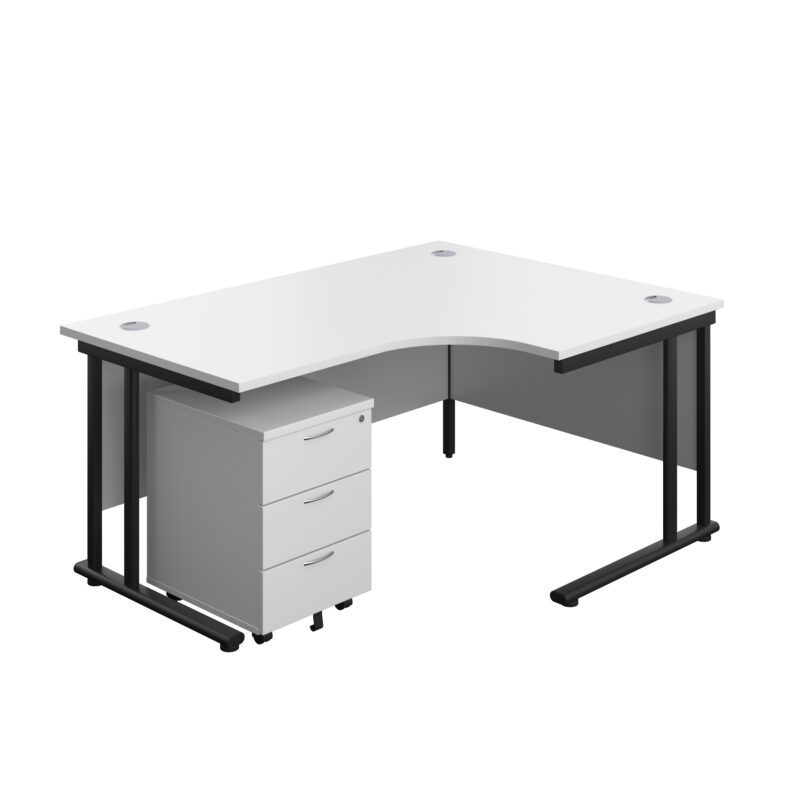 Twin Upright Right Hand Radial Desk + Mobile 3 Drawer Pedestal | 1600X1200 | White/Black