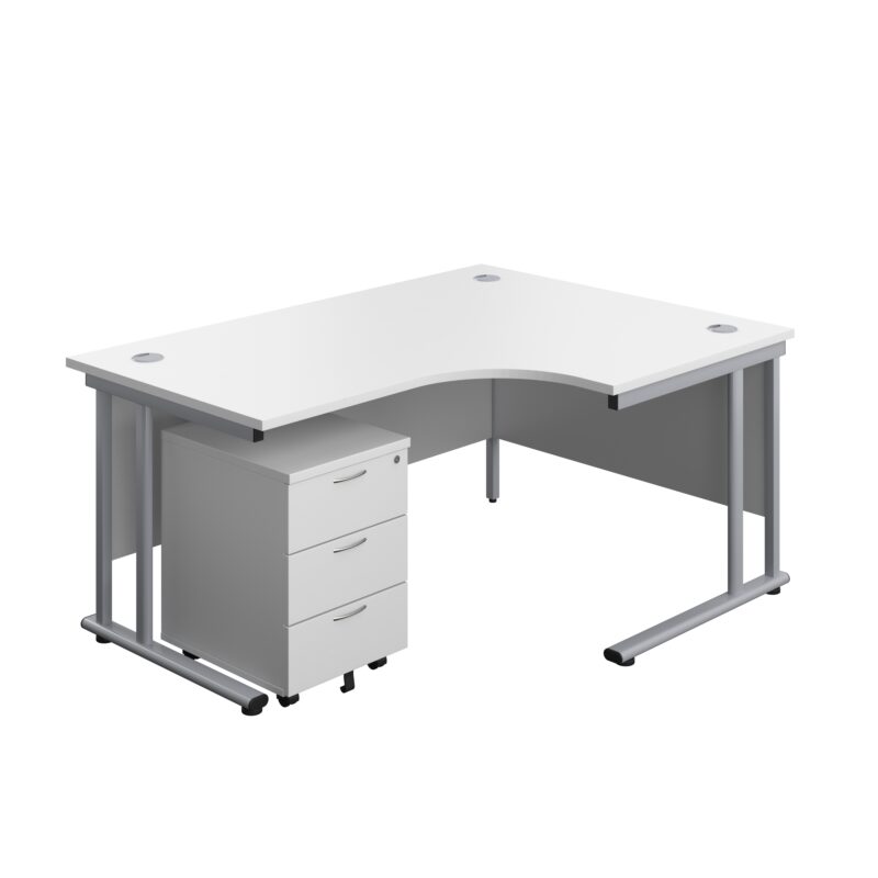 Twin Upright Right Hand Radial Desk + Mobile 3 Drawer Pedestal | 1600X1200 | White/Silver