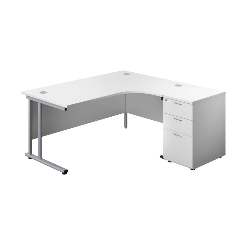 Twin Upright Right Hand Radial Desk + Desk High 3 Drawer Pedestal | 1600X1200 | 600mm Deep Pedestal | White/Silver