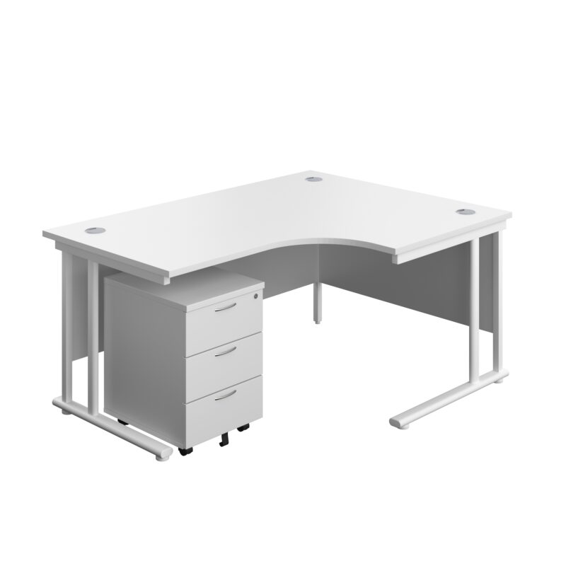 Twin Upright Right Hand Radial Desk + Mobile 3 Drawer Pedestal | 1600X1200 | White/White