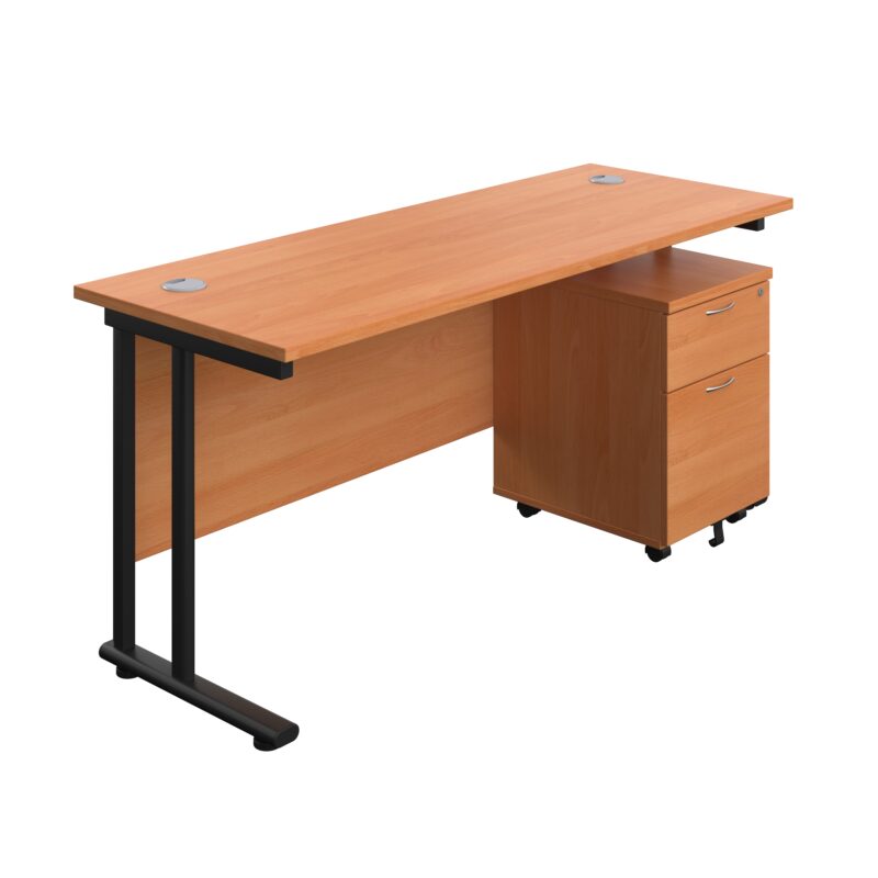 Twin Upright Rectangular Desk + Mobile 2 Drawer Pedestal | 1600X600 | Beech/Black