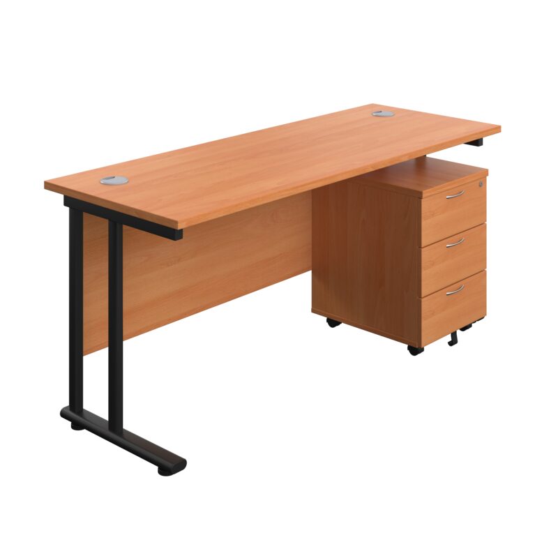 Twin Upright Rectangular Desk + Mobile 3 Drawer Pedestal | 1600X600 | Beech/Black