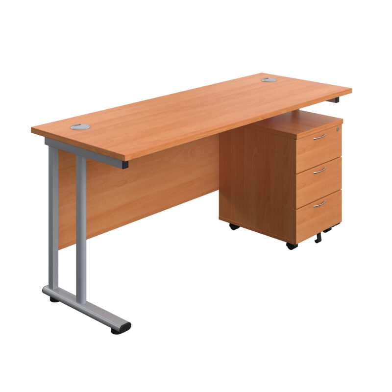 Twin Upright Rectangular Desk + Mobile 3 Drawer Pedestal | 1600X600 | Beech/Silver