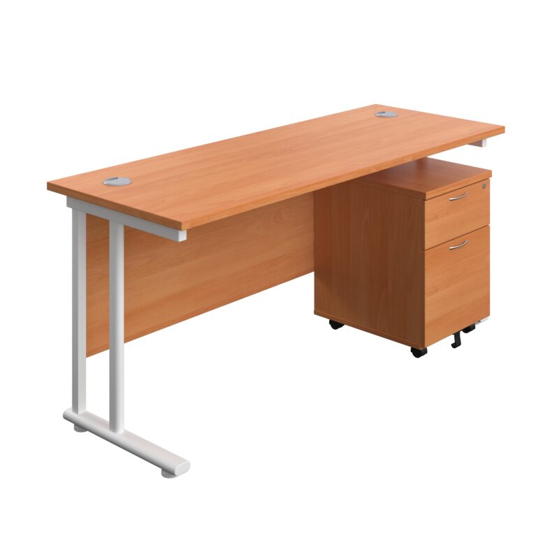 Twin Upright Rectangular Desk + Mobile 2 Drawer Pedestal | 1600X600 | Beech/White