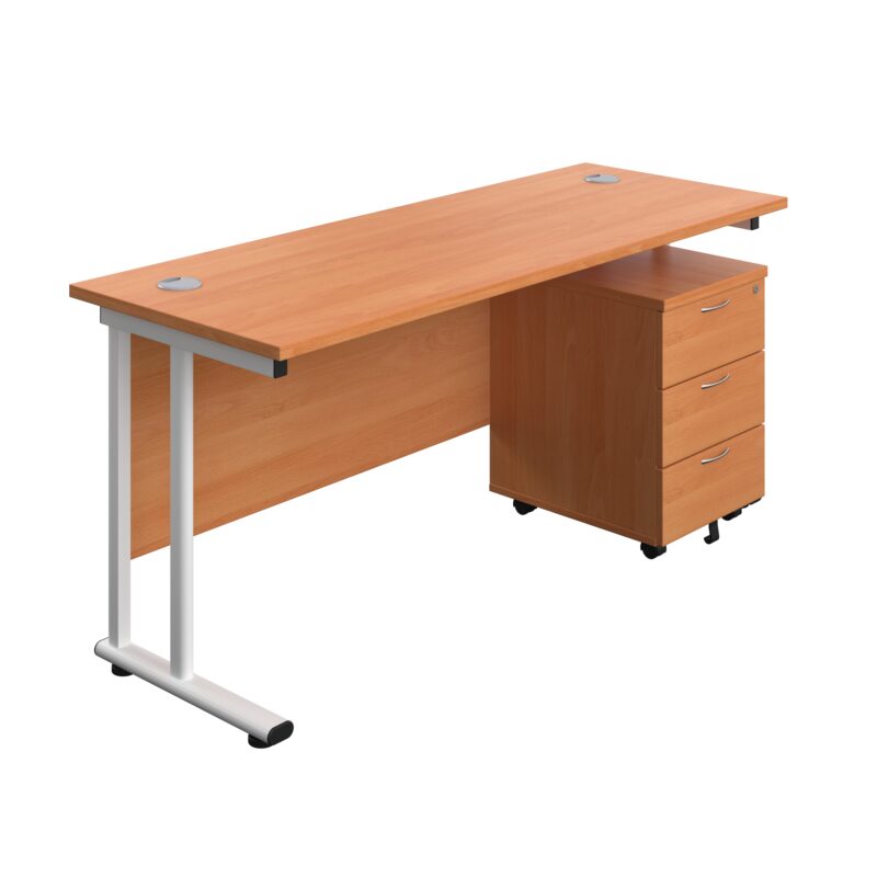 Twin Upright Rectangular Desk + Mobile 3 Drawer Pedestal | 1600X600 | Beech/White