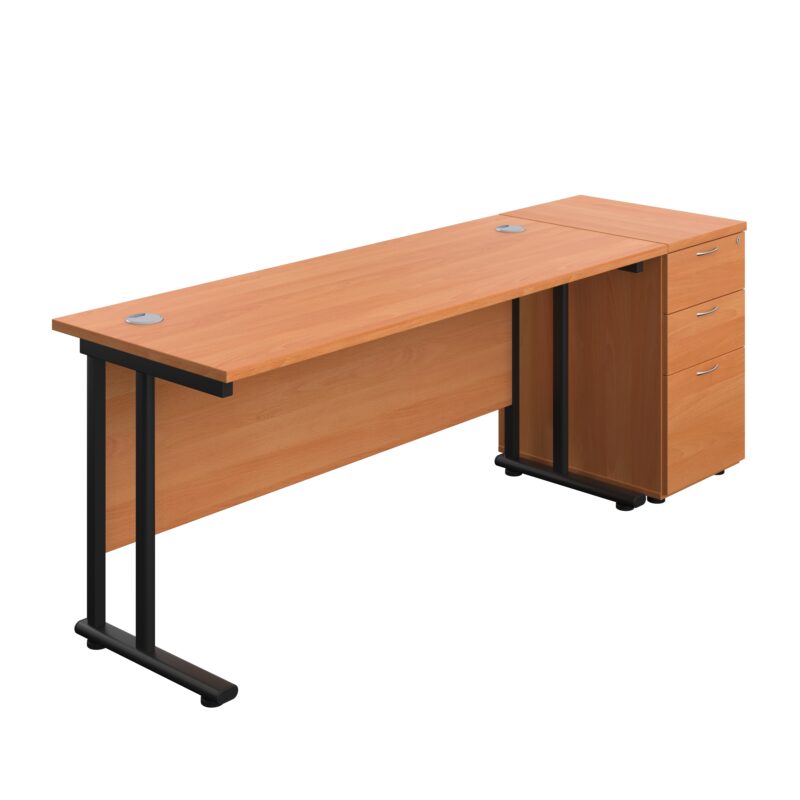 Twin Upright Rectangular Desk + Desk High 3 Drawer Pedestal | 1600X600 | Beech/Black