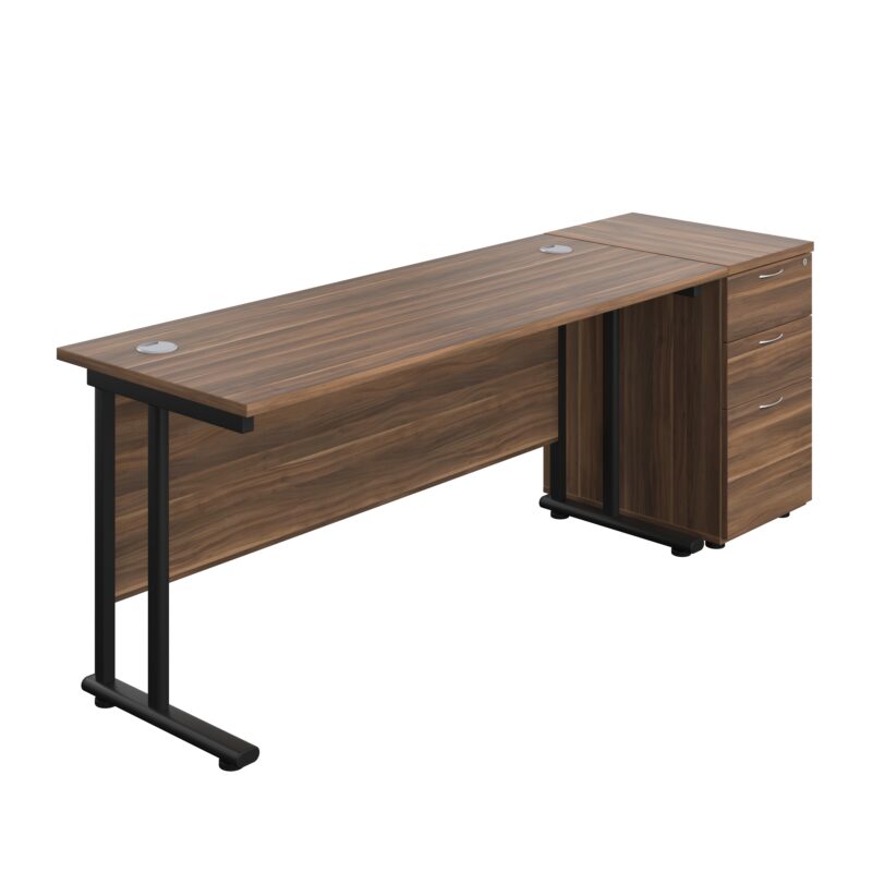 Twin Upright Rectangular Desk + Desk High 3 Drawer Pedestal | 1600X600 | Dark Walnut/Black