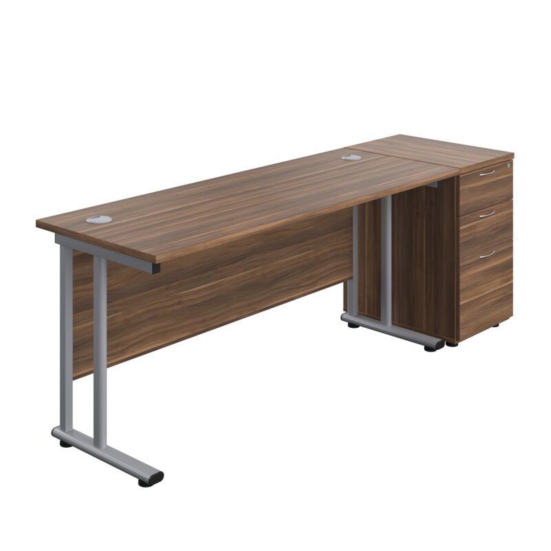 Twin Upright Rectangular Desk + Desk High 3 Drawer Pedestal | 1600X600 | Dark Walnut/Silver