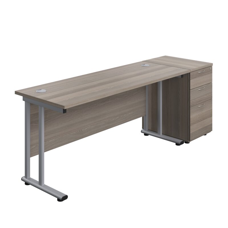 Twin Upright Rectangular Desk + Desk High 3 Drawer Pedestal | 1600X600 | Grey Oak/Silver