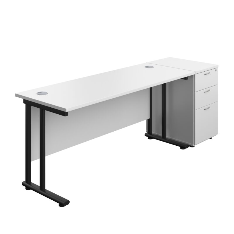 Twin Upright Rectangular Desk + Desk High 3 Drawer Pedestal | 1600X600 | White/Black