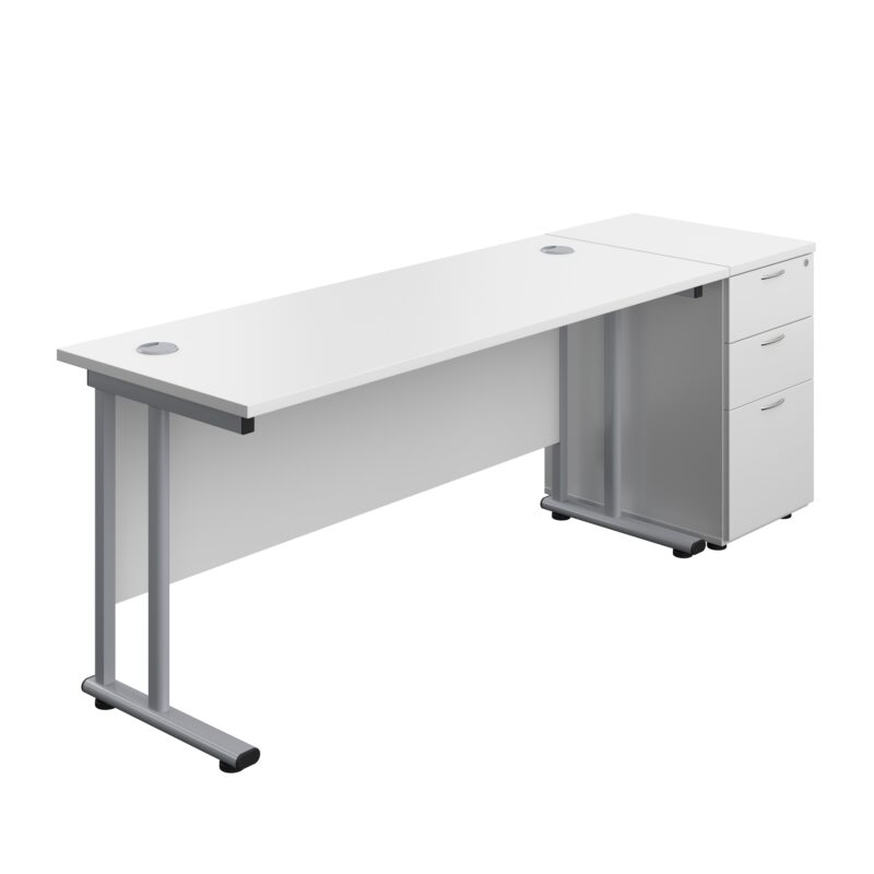 Twin Upright Rectangular Desk + Desk High 3 Drawer Pedestal | 1600X600 | White/Silver