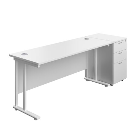 Twin Upright Rectangular Desk + Desk High 3 Drawer Pedestal | 1600X600 | White/White