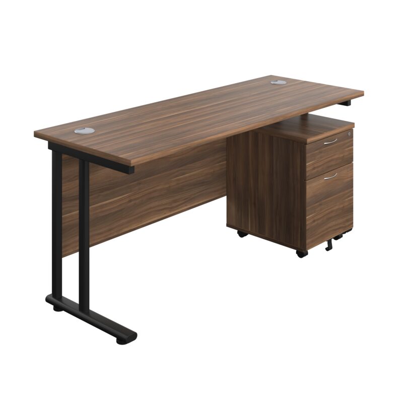 Twin Upright Rectangular Desk + Mobile 2 Drawer Pedestal | 1600X600 | Dark Walnut/Black