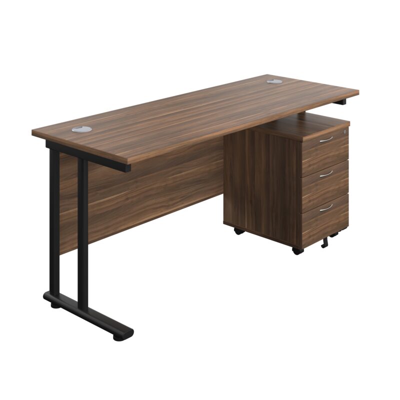 Twin Upright Rectangular Desk + Mobile 3 Drawer Pedestal | 1600X600 | Dark Walnut/Black