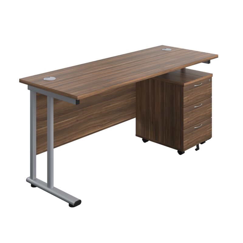 Twin Upright Rectangular Desk + Mobile 3 Drawer Pedestal | 1600X600 | Dark Walnut/Silver