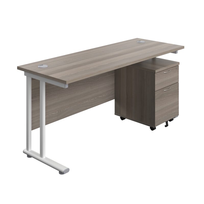 Twin Upright Rectangular Desk + Mobile 2 Drawer Pedestal | 1600X600 | Grey Oak/White