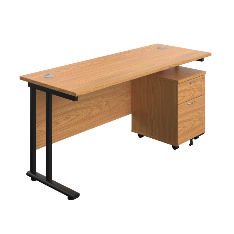 Twin Upright Rectangular Desk + Mobile 2 Drawer Pedestal | 1600X600 | Nova Oak/Black