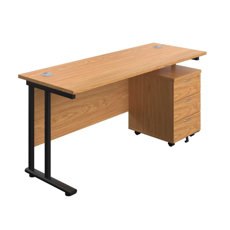 Twin Upright Rectangular Desk + Mobile 3 Drawer Pedestal | 1600X600 | Nova Oak/Black