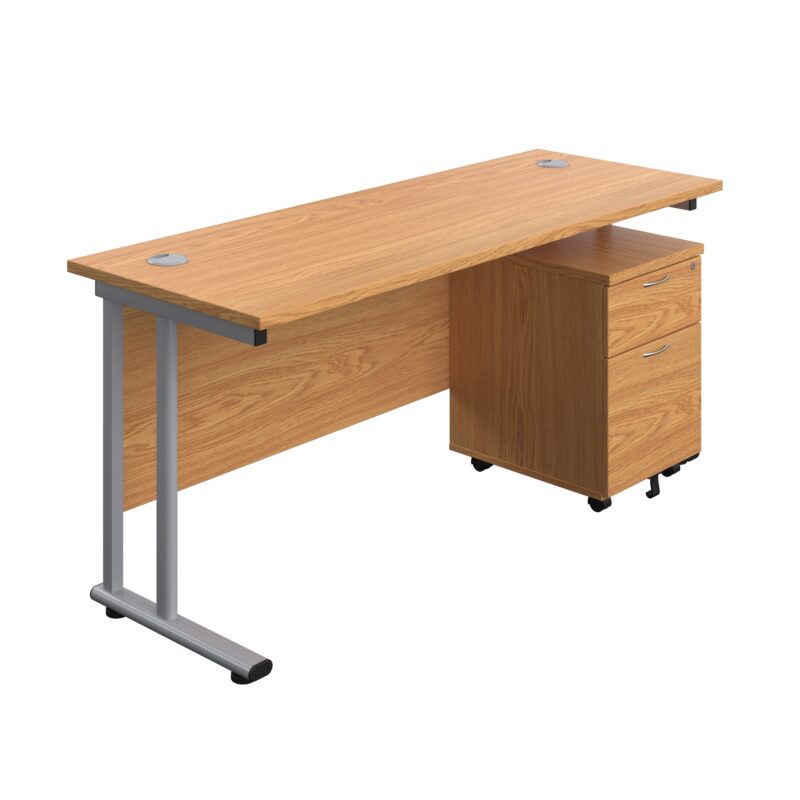 Twin Upright Rectangular Desk + Mobile 2 Drawer Pedestal | 1600X600 | Nova Oak/Silver