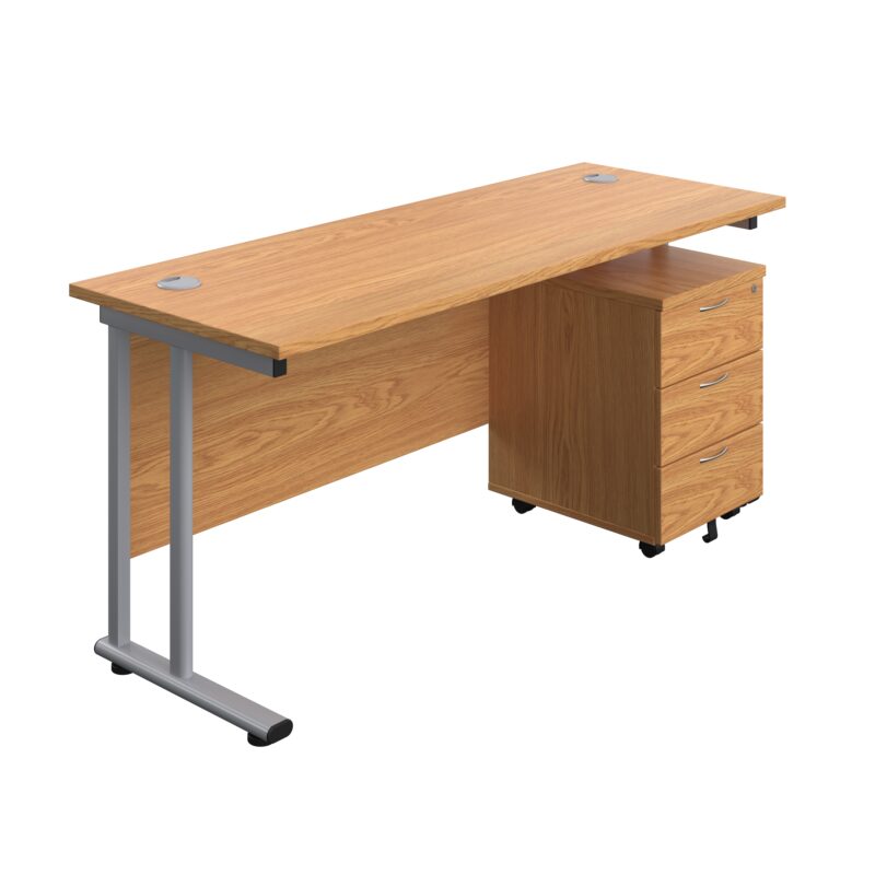 Twin Upright Rectangular Desk + Mobile 3 Drawer Pedestal | 1600X600 | Nova Oak/Silver