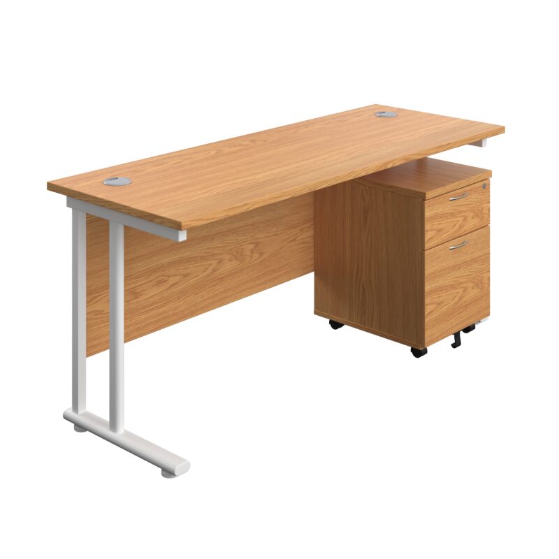 Twin Upright Rectangular Desk + Mobile 2 Drawer Pedestal | 1600X600 | Nova Oak/White