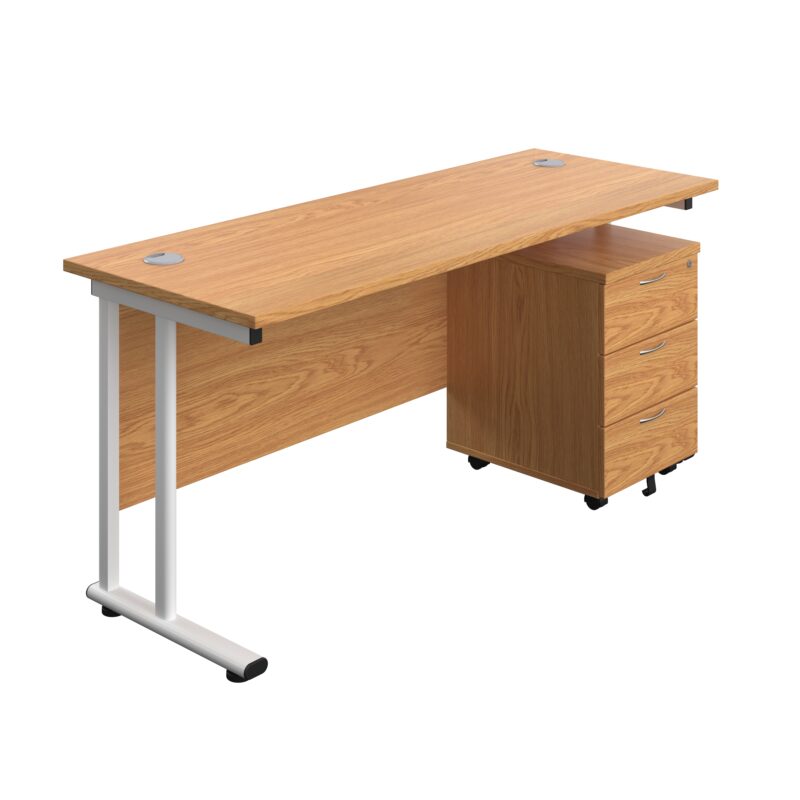 Twin Upright Rectangular Desk + Mobile 3 Drawer Pedestal | 1600X600 | Nova Oak/White