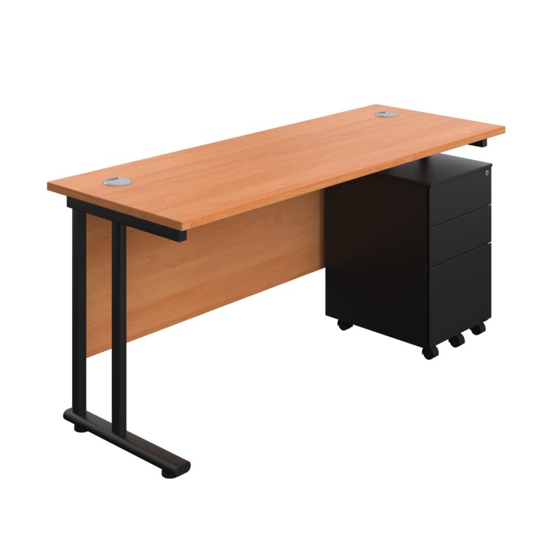 Twin Upright Rectangular Desk + Under Desk Steel Pedestal 3 Drawers | 1600X600 | Beech/Black