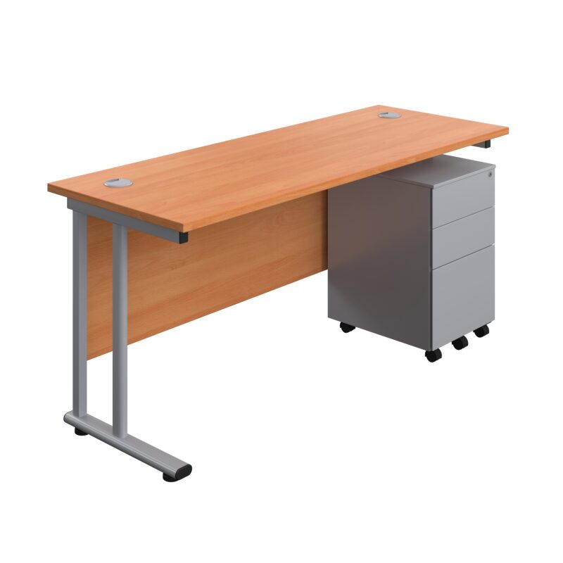 Twin Upright Rectangular Desk + Under Desk Steel Pedestal 3 Drawers | 1600X600 | Beech/Silver