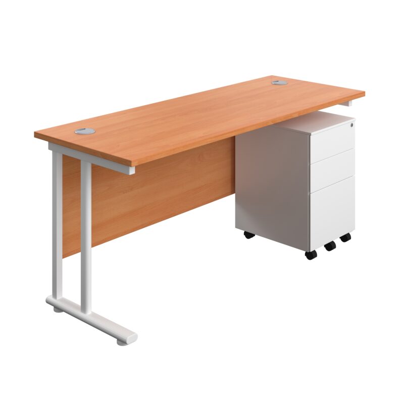 Twin Upright Rectangular Desk + Under Desk Steel Pedestal 3 Drawers | 1600X600 | Beech/White