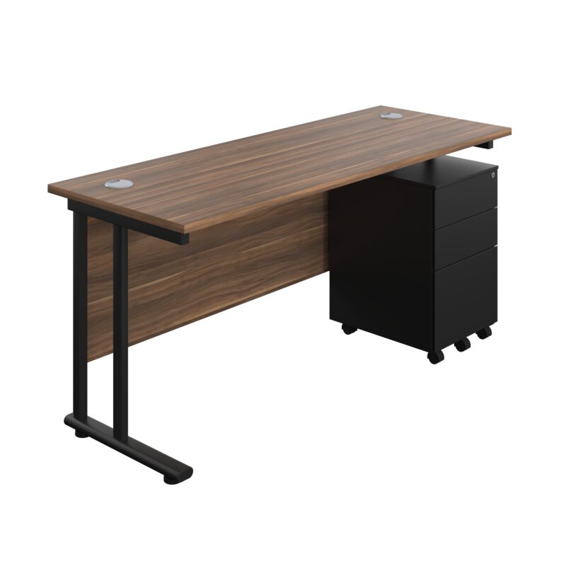 Twin Upright Rectangular Desk + Under Desk Steel Pedestal 3 Drawers | 1600X600 | Dark Walnut/Black