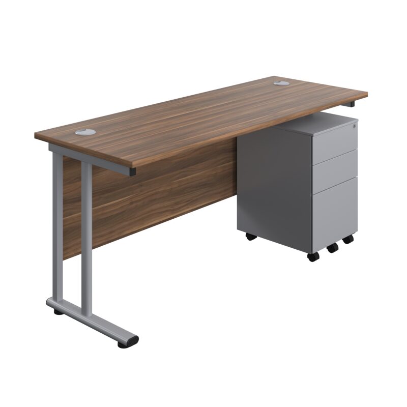 Twin Upright Rectangular Desk + Under Desk Steel Pedestal 3 Drawers | 1600X600 | Dark Walnut/Silver