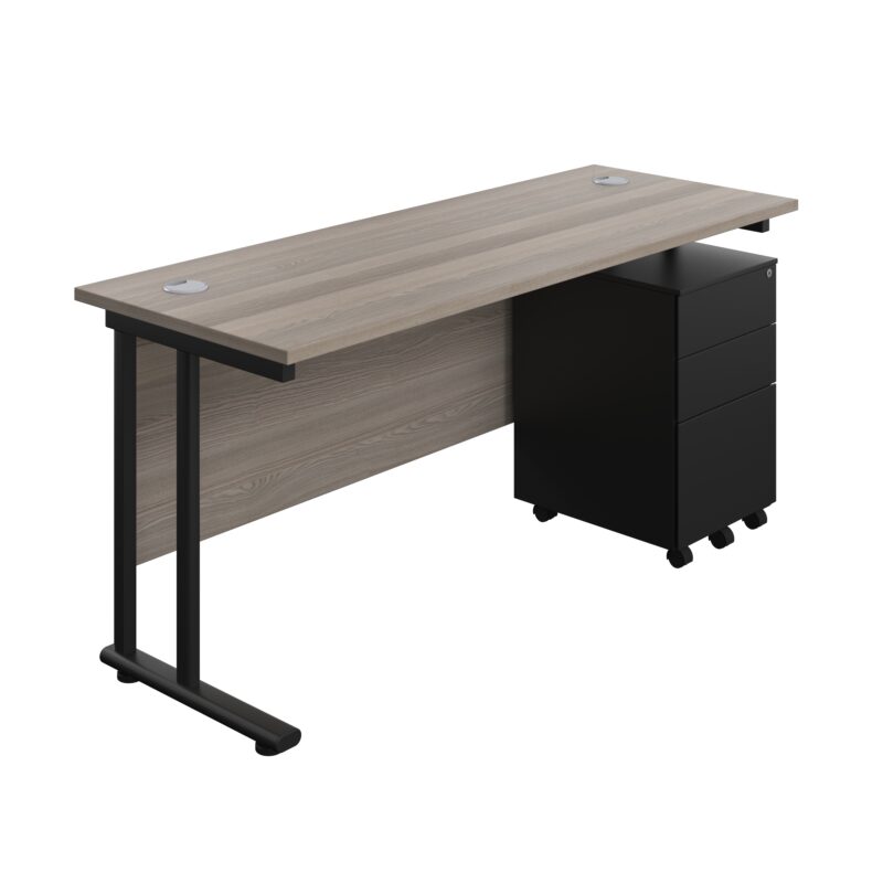 Twin Upright Rectangular Desk + Under Desk Steel Pedestal 3 Drawers | 1600X600 | Grey Oak/Black