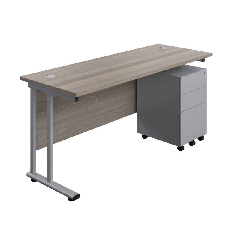 Twin Upright Rectangular Desk + Under Desk Steel Pedestal 3 Drawers | 1600X600 | Grey Oak/Silver