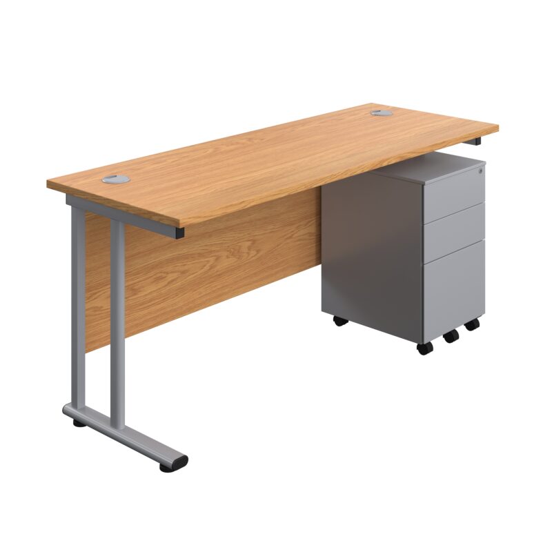 Twin Upright Rectangular Desk + Under Desk Steel Pedestal 3 Drawers | 1600X600 | Nova Oak/Silver