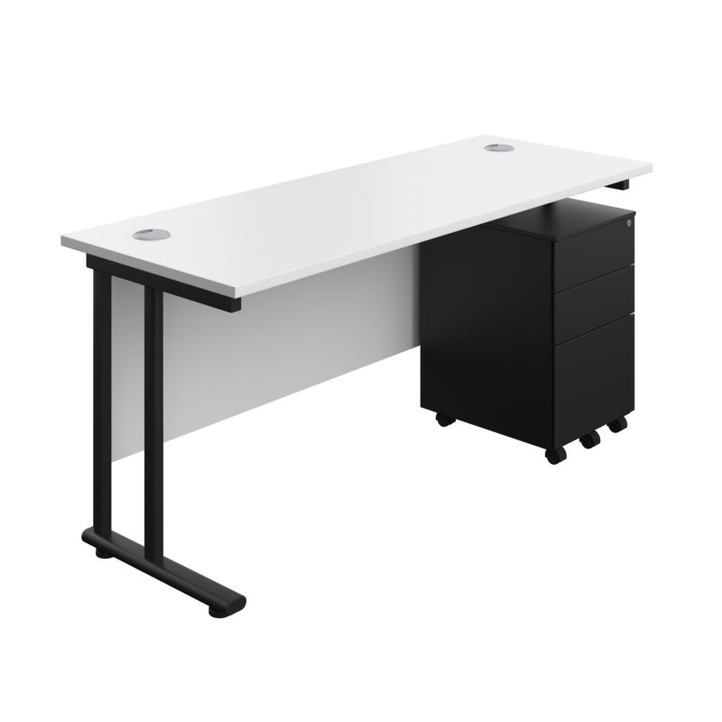 Twin Upright Rectangular Desk + Under Desk Steel Pedestal 3 Drawers | 1600X600 | White/Black