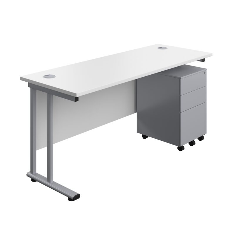 Twin Upright Rectangular Desk + Under Desk Steel Pedestal 3 Drawers | 1600X600 | White/Silver