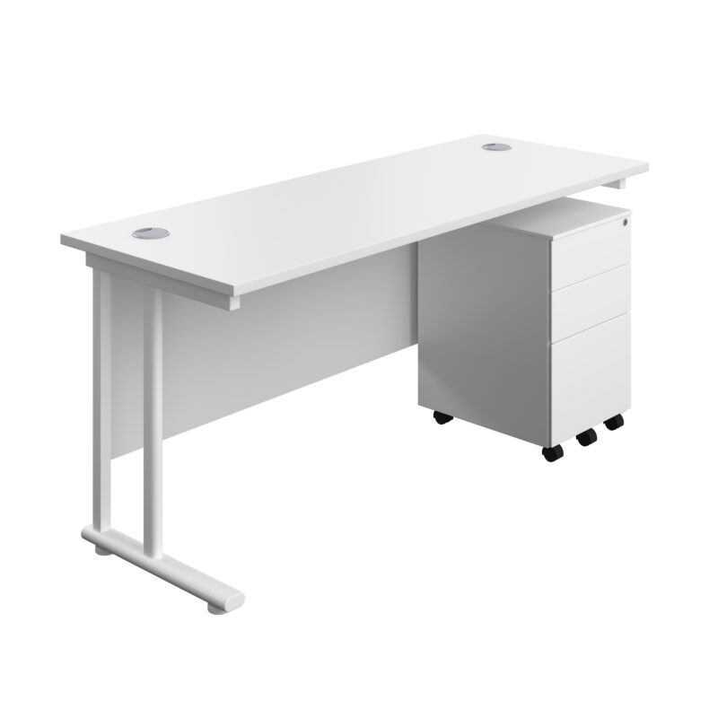 Twin Upright Rectangular Desk + Under Desk Steel Pedestal 3 Drawers | 1600X600 | White/White