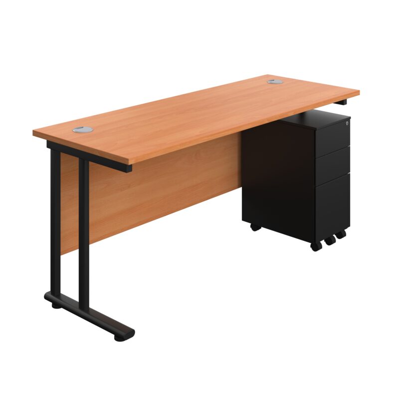 Twin Upright Rectangular Desk + Slimline Steel Pedestal 3 Drawers | 1600X600 | Beech/Black