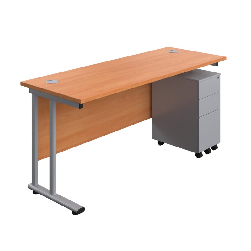 Twin Upright Rectangular Desk + Slimline Steel Pedestal 3 Drawers | 1600X600 | Beech/Silver